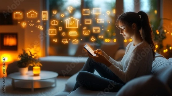 Fototapeta Exploring a holographic smart home control system at dusk in a modern living space