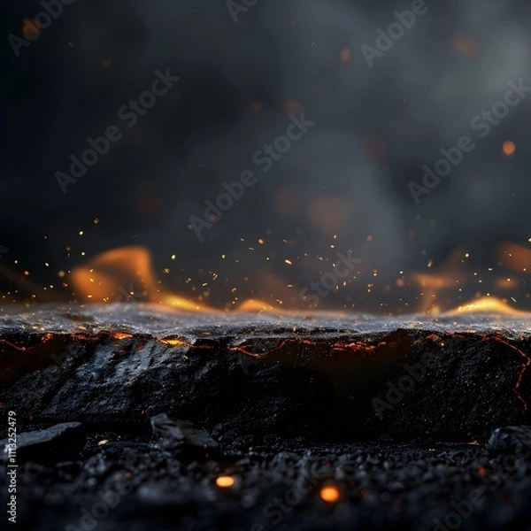 Fototapeta A close-up of molten lava with glowing embers against a dark, smoky background.