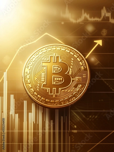 Fototapeta Gold bitcoin against a background of upward trend graphs and charts