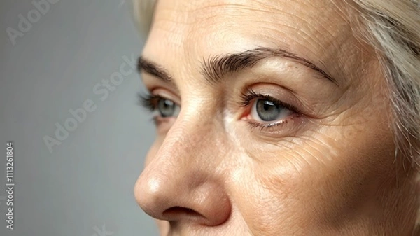 Obraz Close up of mature middle-aged older woman face without make-up, eyes and forehead wrinkles fine lines - part of natural aging skin which becomes less elastic and needs anti-aging skin care treatment