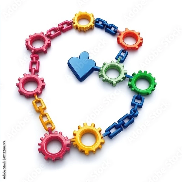 Fototapeta A colorful arrangement of interlocking gears and chains, symbolizing connection and collaboration.