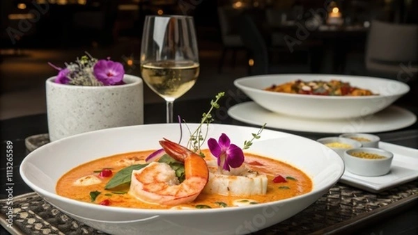 Fototapeta Seafood Tom Kha in Modern Fusion Restaurant Setting