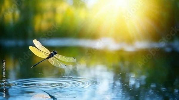 Fototapeta A dragonfly hovering above a calm pond, with its wings catching the sunlight
