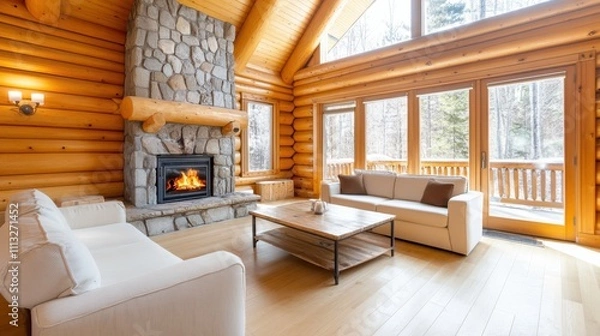 Obraz Rustic Mountain Cabin with Warm Lighting and Stone Decor