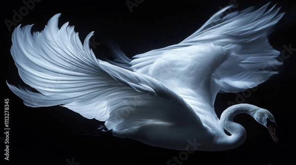 Fototapeta Realistic 3d detailed white swan feathers on a black background. Vector illustration. Falling feathers abstract light composition