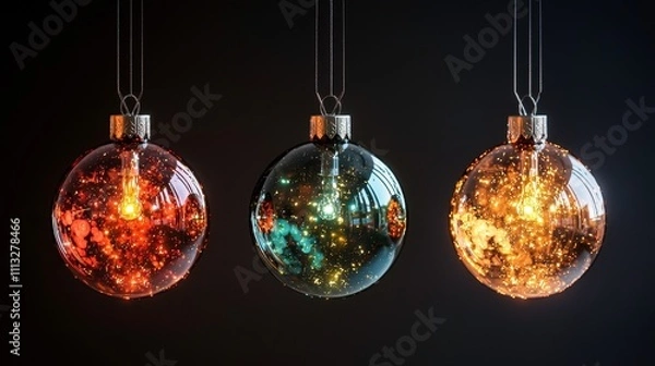 Fototapeta Glowing Christmas Ornaments in Dark Background with Photorealistic Detail