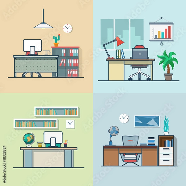 Fototapeta Teacher office student room workplace table chair interior indoor set. Linear multicolor stroke outline flat style vector icons. Color icon collection.