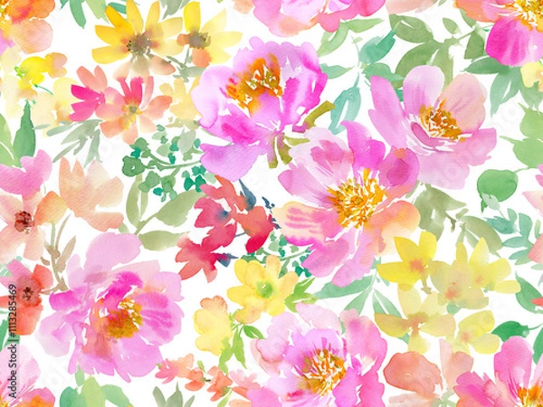 Fototapeta A seamless pattern of abstract wild roses and flowers painted in watercolor with transparent background. A floral wallpaper png pattern in watercolor. 
