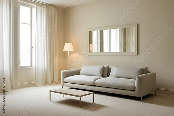 Fototapeta Minimalist living room with beige sofa, coffee table, floor lamp, and large mirror reflecting light from window.