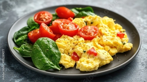 Fototapeta Delicious Scrambled Eggs with Cherry Tomatoes and Spinach