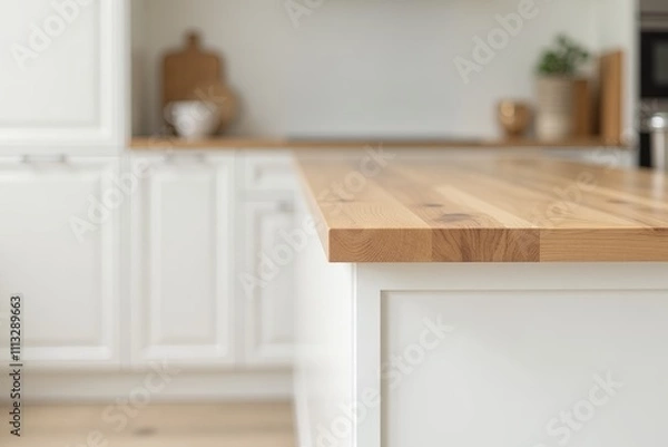 Fototapeta A close-up shot of an end-grain wood countertop, situated atop a smooth, blur-white wall in a modern kitchen setting. The warm tones of the wood are perfectly framed by the crisp white surroundings