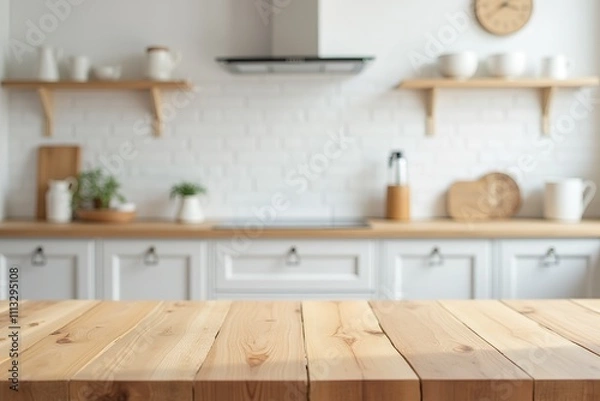 Fototapeta End grain wood counter table top on blur white minimal kitchen background.