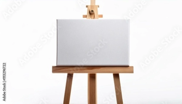 Fototapeta A wooden easel with a white canvas isolated on white background