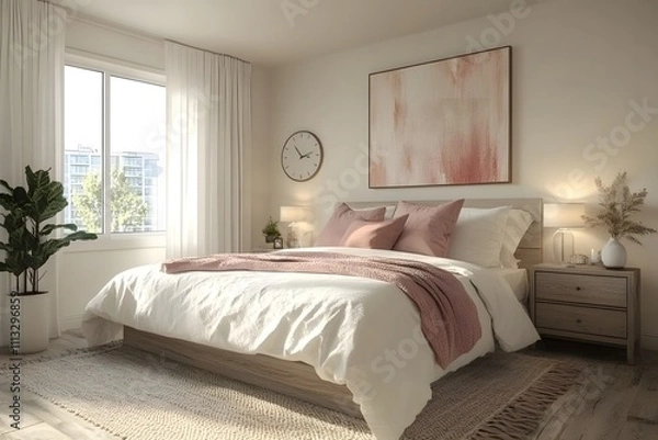 Fototapeta Cozy Sunlit Bedroom with White and Pink Bedding, Rustic Wooden Elements, and Natural Decor Featuring a Vase with Dried Plants, a Wooden Side Table, and a Vintage Alarm Clock by the Window.