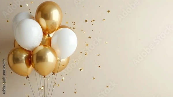 Fototapeta Golden and white balloons with confetti on a beige background,a place for text