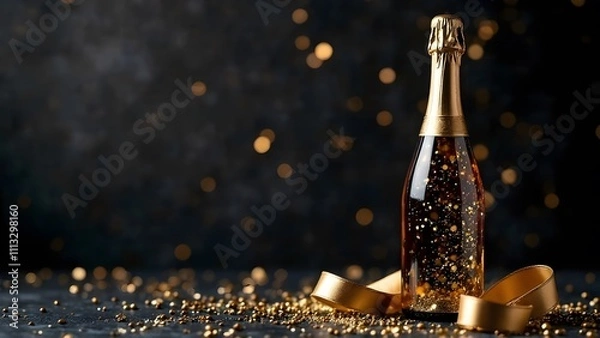 Fototapeta Champagne bottle with golden ribbon and confetti on black background, copy space