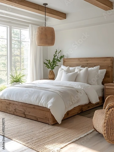 Fototapeta Cozy Rustic Bedroom with Wooden Bed Frame, White Bedding, and Natural Decor Featuring a Large Window, Potted Plant, and Woven Pendant Light.