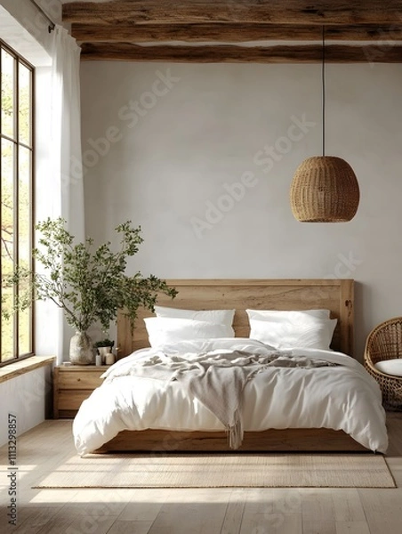 Fototapeta Cozy Rustic Bedroom with Wooden Bed Frame, White Bedding, and Natural Decor Featuring a Large Window, Potted Plant, and Woven Pendant Light.