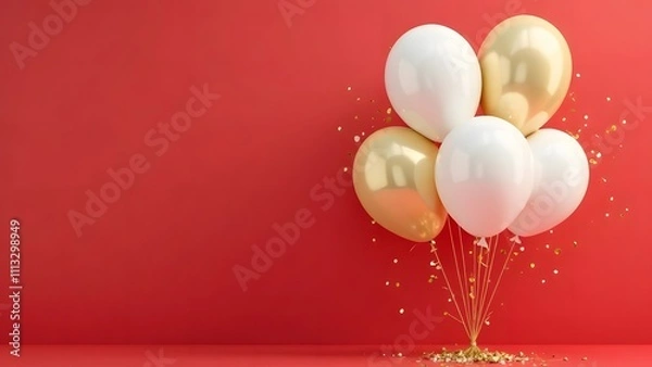 Fototapeta gold and white balloons with confetti on a red background,a place for text