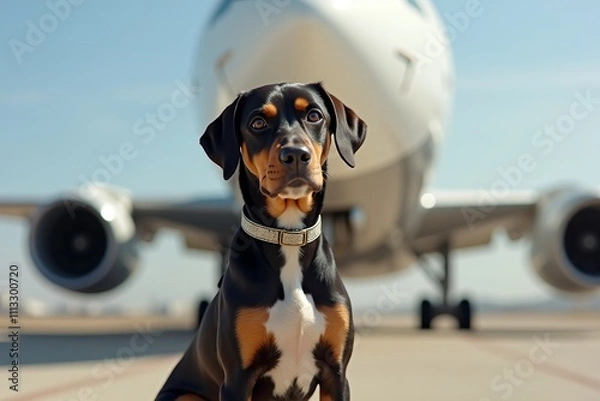 Fototapeta Pilot - dog standing in front of a big plane