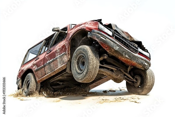 Fototapeta Studio depiction of a rollover crash involving a 4x4 SUV isolated on white.