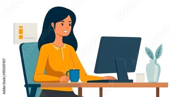 Fototapeta Illustration of a smiling woman working at a desk with a computer, representing office work