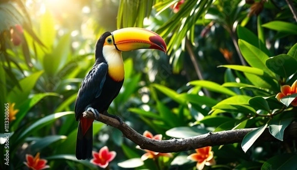 Obraz Colorful Toucan in Tropical Environment - High Quality Image for Stock Photos, Nature, Wildlife, Ecotourism, Exotic Birds, Tropical Forest, Animal Photography, Brazilian Fauna