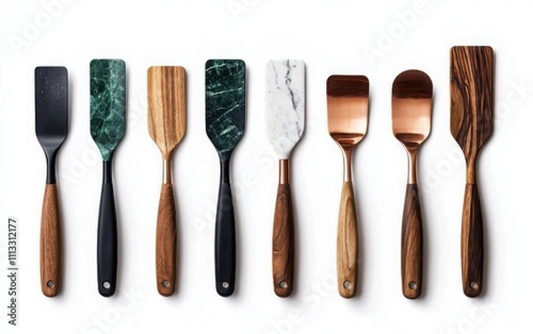 Obraz Create dreamy culinary art watercolor collection of silicone spatulas copper measuring cups and marble pastry boards in soft colors