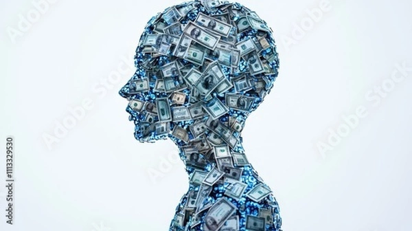 Obraz A silhouette of a head filled with dollar bills, symbolizing wealth, consumerism, and the influence of money on identity.