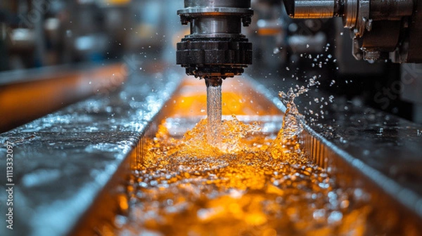 Fototapeta Close-up view of a CNC machining process featuring water jet cutting technology symbolizing precision innovation industrial craftsmanship and sustainable manufacturing solutions in modern industry
