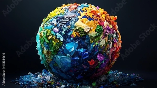 Fototapeta A powerful visual depiction of a globe with a pollution theme made out of colorful plastic pieces to increase awareness of waste