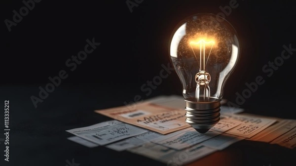 Fototapeta A glowing light bulb sits atop scattered banknotes, symbolizing ideas, money, and innovation in a dark, moody setting.