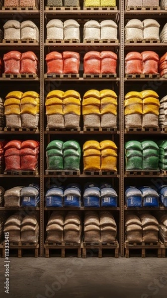 Fototapeta Rows of stacked food ingredient bags in a large warehouse, a view of a food ingredient supplier's storage facility. food vectors. Ultra realistic. Photorealistic