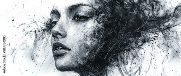 Fototapeta Abstract portrait of a woman with flowing hair and intricate details, expressing deep emotions and artistic creativity. Artistic concept with contrasting black and white tones.