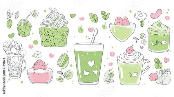 Fototapeta cheerful matcha dessert lineup, delicate linework, pastel green and pink tones, whimsical decorative elements, floating flowers, hearts, simple doodle style, clean white background