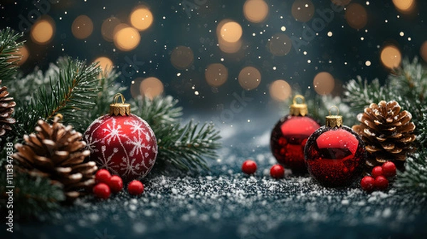 Fototapeta Festive Christmas decorations with red ornaments, pine cones, and snow. scene is enhanced by soft bokeh lights, creating warm holiday atmosphere