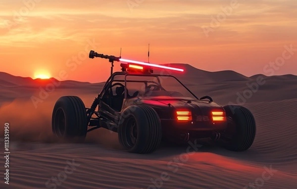 Fototapeta Dune Buggy with Lightsabers Driving Through Desert at Sunset. AI generated illustration