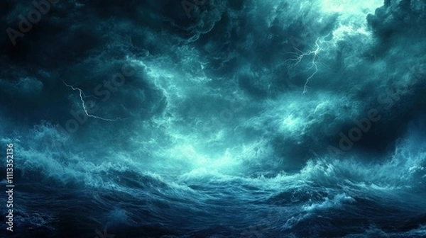 Obraz Dark Stormy Ocean Waves With Lightning