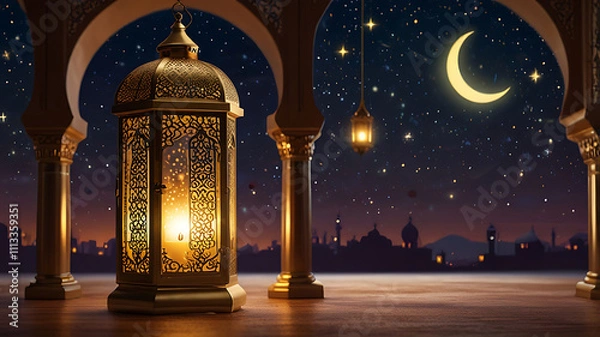 Fototapeta Arabic lantern of Ramadan celebration background illustration. Generative AI