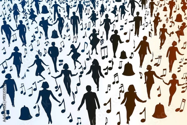 Obraz Silhouetted Figures Dancing Among Musical Notes in Colorful Background