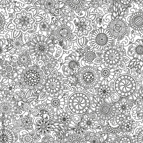 Fototapeta Seamless hand drawn pattern with flowers. Ornate pattern with abstract flowers and leaves. Doodle floral background. Zentangle inspired pattern. Black and white pattern for your business.