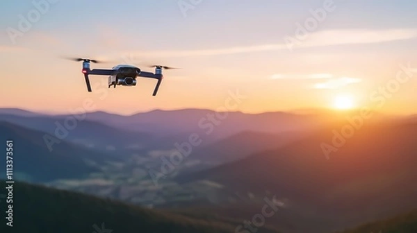 Fototapeta Drone flying over mountains at sunset.
