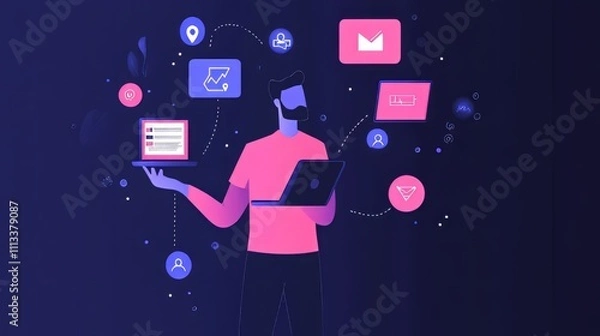 Fototapeta Businessman holding laptop with multiple digital devices and social media icons floating around, representing online marketing or technology concept.