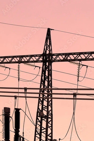 Obraz electricity, transforming, electric, transmission, station, transformer, high voltage, power, sky, danger, cable, equipment, energy, high, industry, voltage, wire, line, 
