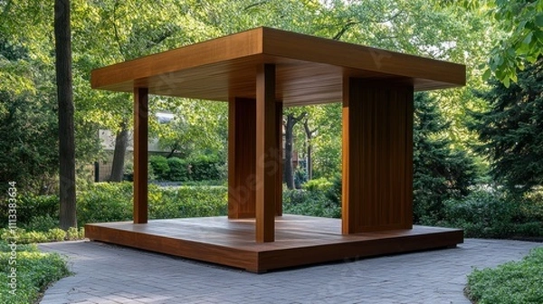Fototapeta Modern Wooden Pavilion Surrounded By Lush Greenery