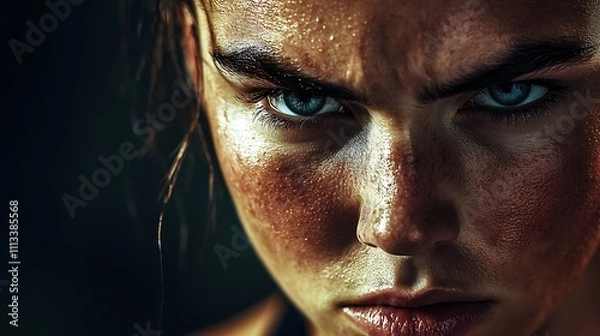 Fototapeta Close-up portrait of a determined, sweaty woman with intense blue eyes, showing focus and strength.