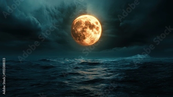 Fototapeta A glowing electric moon hovering above a dark ocean.