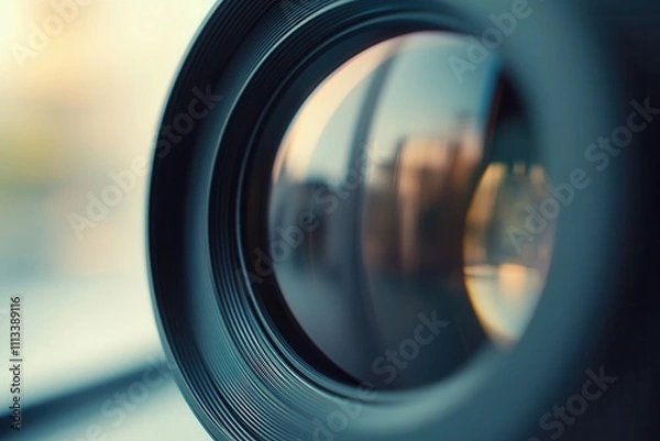 Fototapeta Close-up of a camera lens reflecting a city scene.
