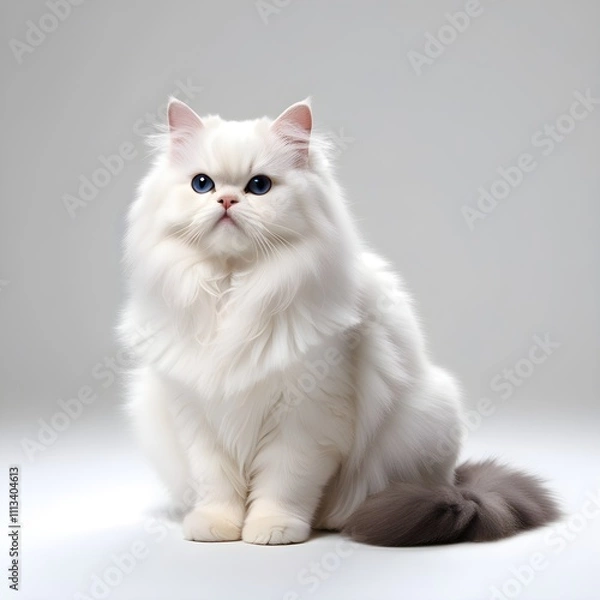 Fototapeta A fluffy white cat with long fur sitting gracefully on a light background, radiating elegance and charm, perfect for pet or animal-themed designs and creative works.	