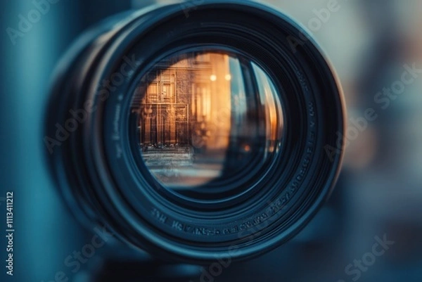 Fototapeta Close-up of camera lens reflecting cityscape at sunset. (1)